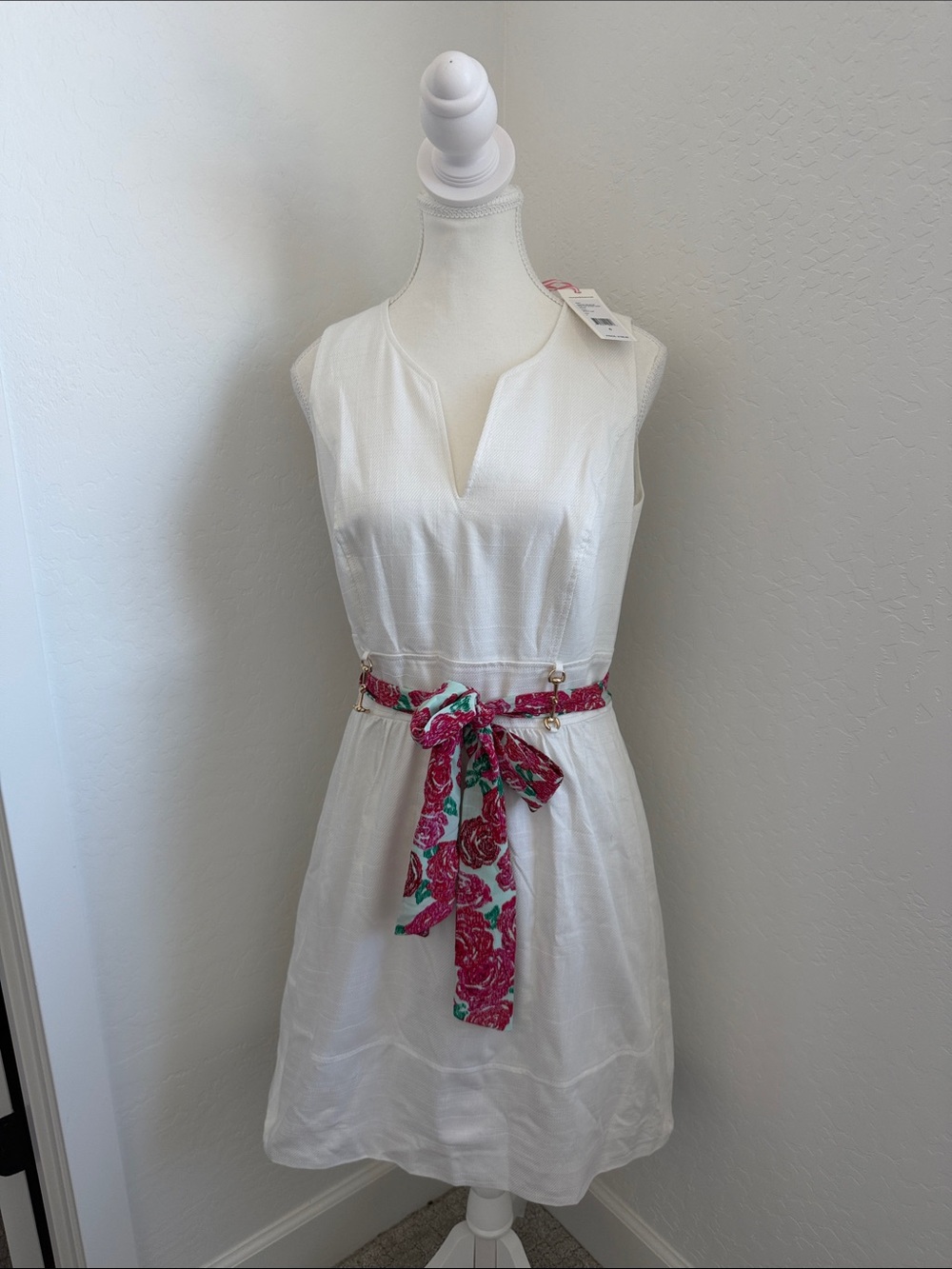 Vineyard Vines White Sleeveless Dress with Pink Floral Tie Belt NWT